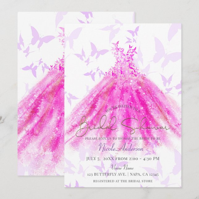 Invitación Baile mariposa Danza Vestido púrpura y rosa Ducha  (Anverso / Reverso)