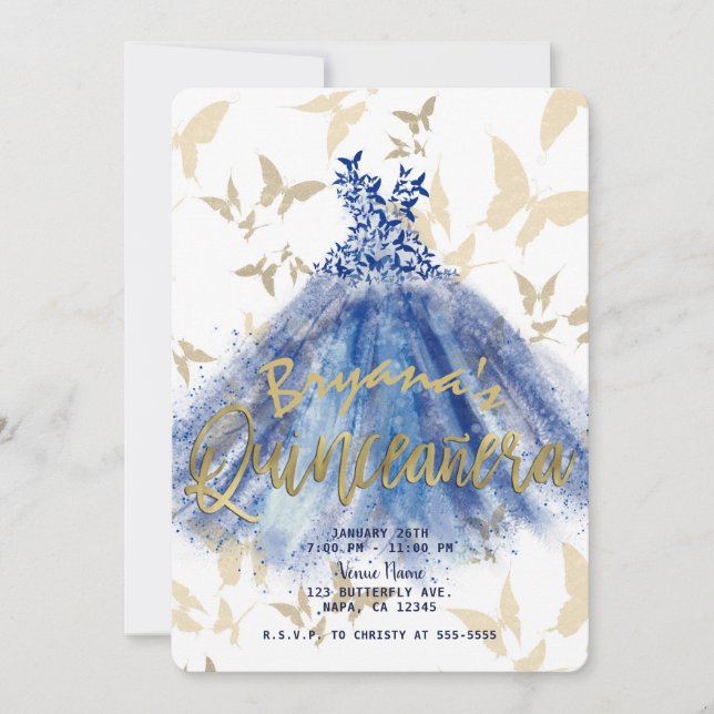 Invitación Baile Mariposa Vestido Azul Dorado Quinceañera 15 (Anverso)