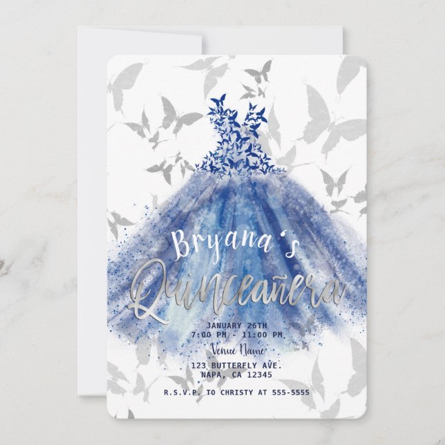 Invitación Baile mariposa Vestido azul Plata Quinceañera 15 (Anverso)