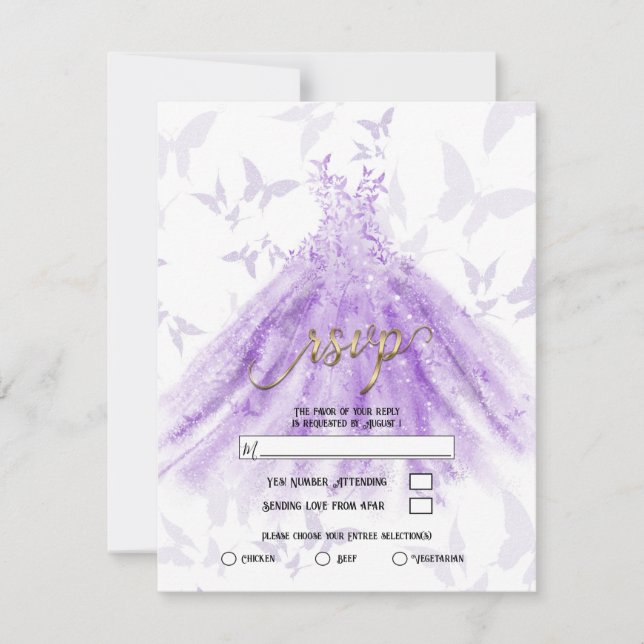 Invitación Baile mariposa Vestido púrpura Ducha de novia RSVP (Anverso)