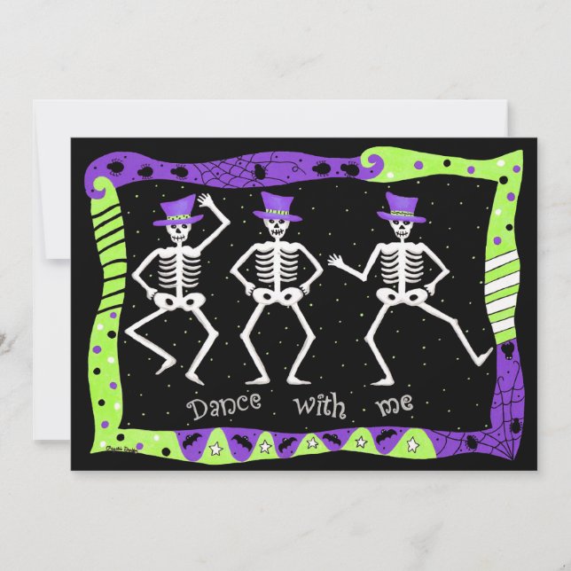 Invitación Baile óseo Black Purple Green Halloween Skeleton (Anverso)