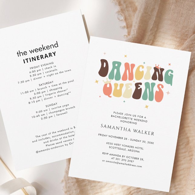 Invitación Baile Reina Bachelorette Fin de Semana Itinerario  (Dancing Queen Bachelorette Weekend Itinerary Retro Invitation)