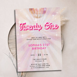 Invitación Baile Retro Verde azulado Rosa Disco Ball