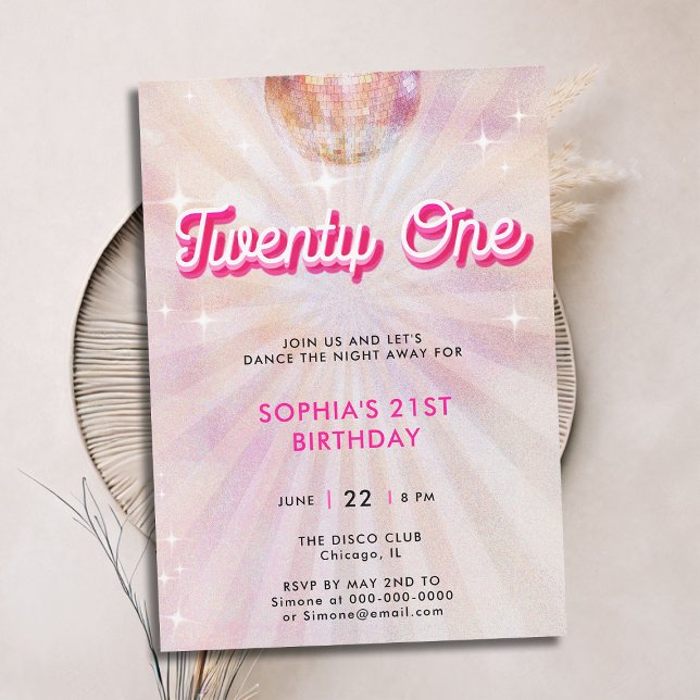 Invitación Baile Retro Verde azulado Rosa Disco Ball (disco ball 21st birthday invitation girls blush pink vintage retro 70s dance party sparkle glitter)
