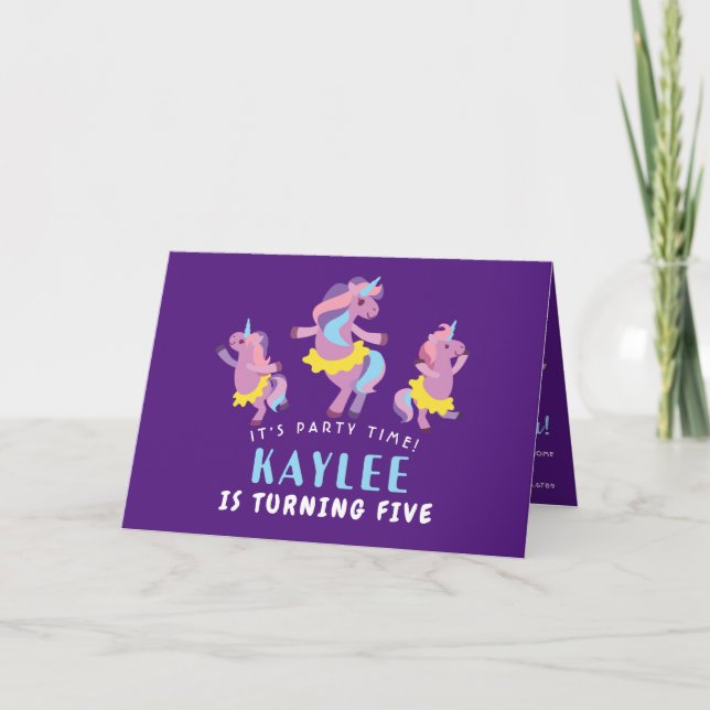 Invitación Baile rosa morado niños Unicornio Foto Cumpleaños (Anverso)