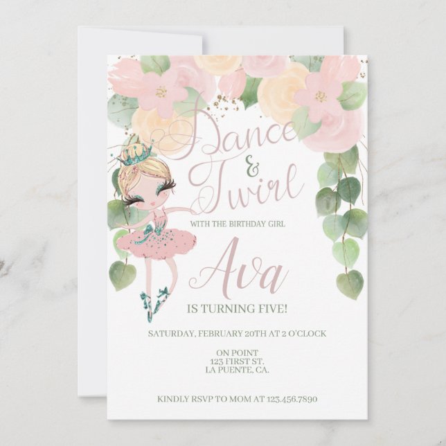 INVITACIÓN BAILE Y TUMBONA| CUMPLEAÑOS DE BALERINA| FLORAL (Anverso)