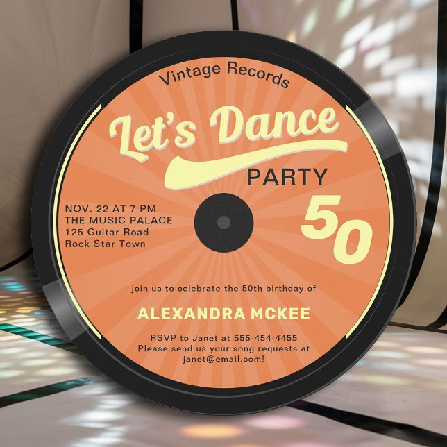 Invitación Bailemos con el Naranja Groovy 50 años (50th birthday dance party music theme invitation vinyl record sunburst orange yellow black elegant)