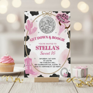 Invitación Baja y Boogie Disco Vaquera Cumpleaños Dulces 16