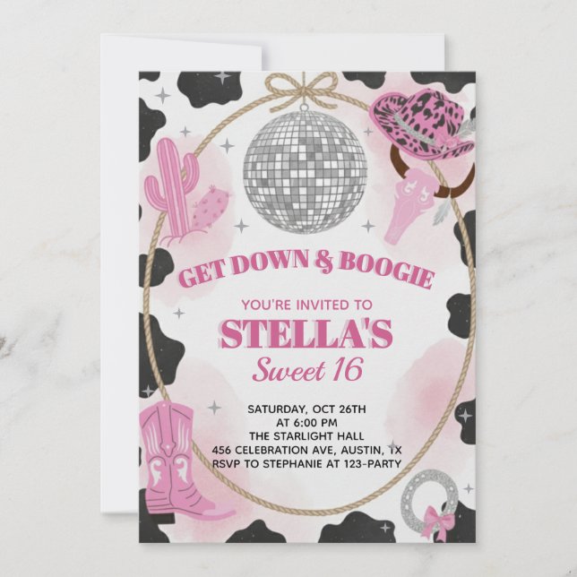 Invitación Baja y Boogie Disco Vaquera Cumpleaños Dulces 16 (Anverso)