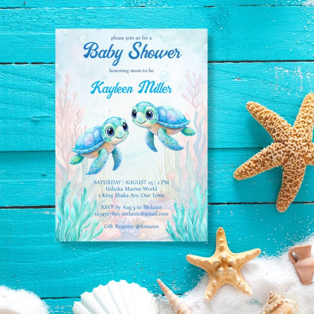 Invitación Bajo el agua de la tortuga acuática gemelos azules (Under the sea turtle aqua blue twin boys baby shower invitation template cute sea turtle invites)