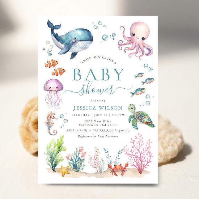 Invitación Bajo el agua del mar Ocean Animals Baby Shower (Subido por el creador)