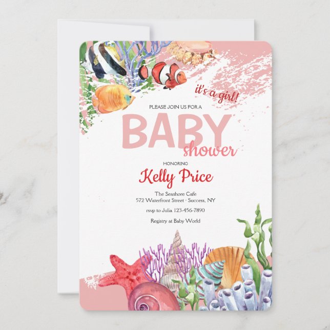 Invitación Bajo el Baby Shower Rosa del Mar (Anverso)