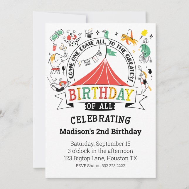 Invitación Bajo el Big Top Circus Carnival Birthday (Anverso)