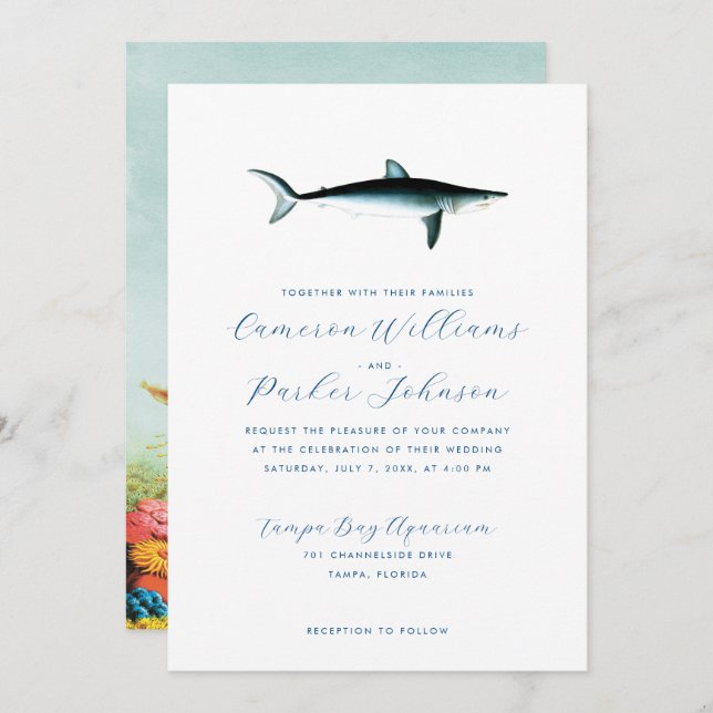 Invitación Bajo el Boda acuario del Sea Blue Shark (Anverso / Reverso)