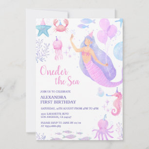 Invitación Bajo el Chica de la sirena marina Pastel de cumple