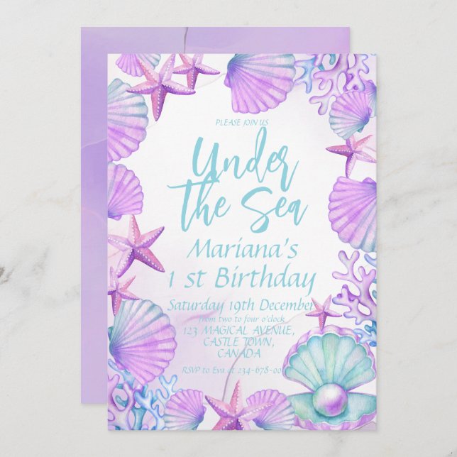 Invitación Bajo el Chica del Mar Primer Fiesta de Cumpleaños (Anverso / Reverso)