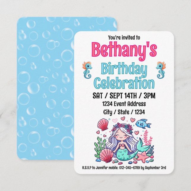 Invitación Bajo el cumpleaños de la sirena marina (Anverso / Reverso)