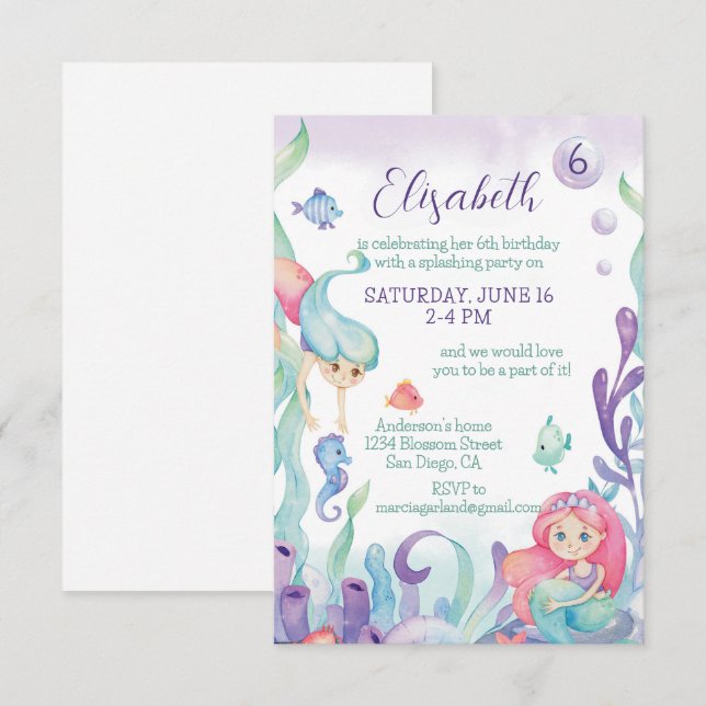 Invitación Bajo el cumpleaños de la sirena marina (Anverso / Reverso)