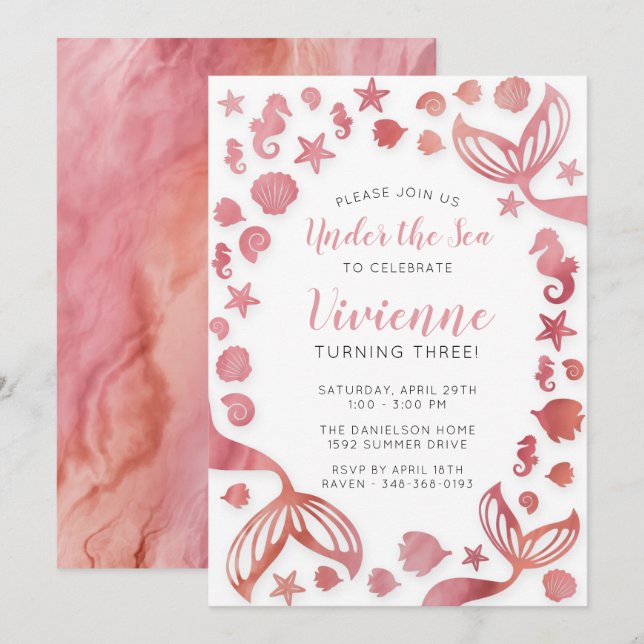 Invitación Bajo el cumpleaños de la sirena marina (Anverso / Reverso)