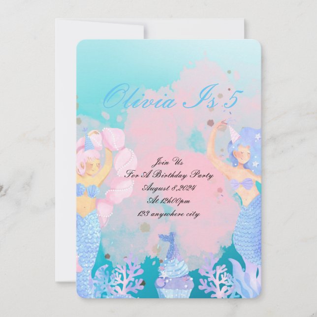 Invitación bajo el cumpleaños de sirena marina (Anverso)