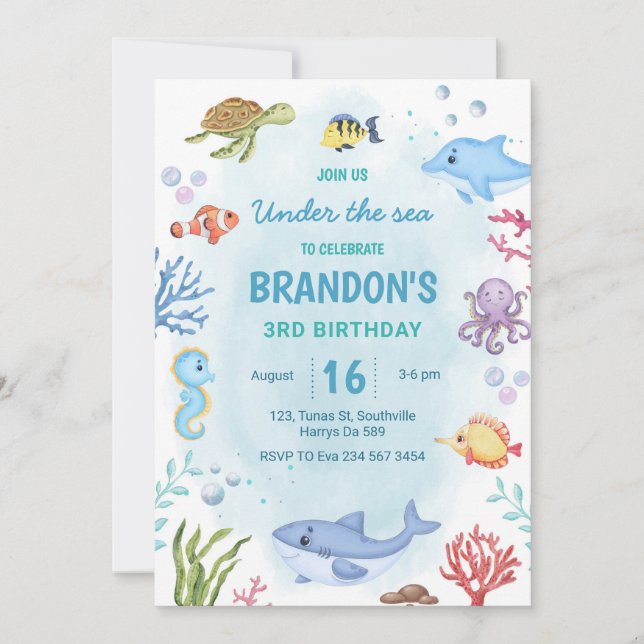 Invitación Bajo el cumpleaños del mar (Anverso)