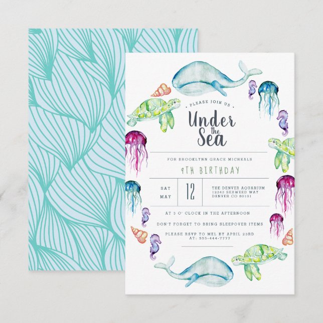 Invitación Bajo el cumpleaños del mar | acuarela de la gritte (Anverso / Reverso)