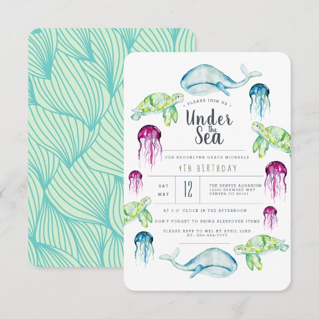 Invitación Bajo el cumpleaños del mar | Acuarela de Ocean Ani (Anverso / Reverso)