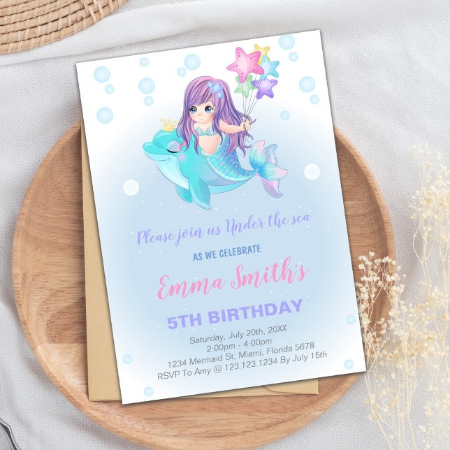 Invitación Bajo el Fiesta del Chica del mar (Mermaid Birthday Invitations with dolphin)