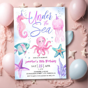 Invitación ¡Bajo El Mar! 10.º Chica de cumpleaños Océano rosa