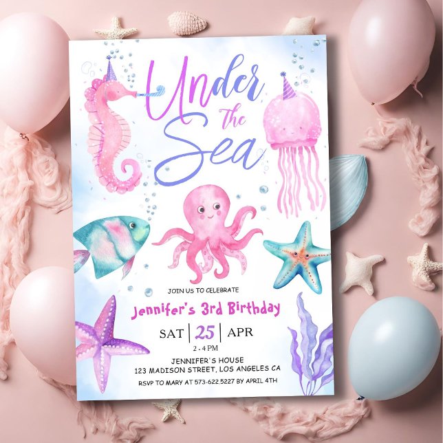 Invitación ¡Bajo El Mar! 3.ᵉʳ Chica de cumpleaños Océano rosa (Subido por el creador)