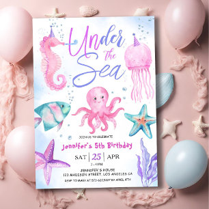Invitación ¡Bajo El Mar! 5.º Chica de cumpleaños Océano rosa