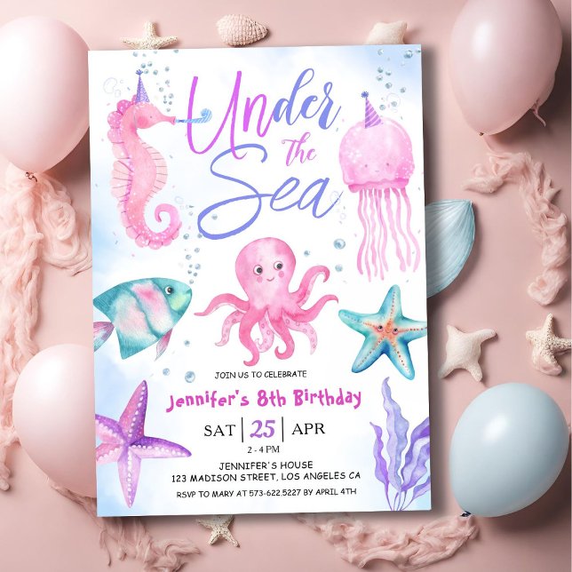 Invitación ¡Bajo El Mar! 8.º Chica de cumpleaños Océano rosa (Subido por el creador)