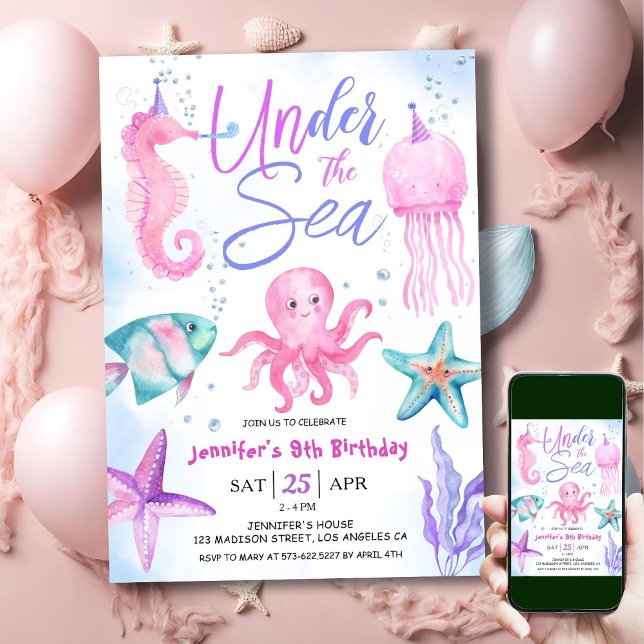 Invitación ¡Bajo El Mar! 9.º Chica de cumpleaños Océano rosa (Subido por el creador)