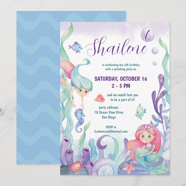 Invitación Bajo El Mar Acuarela Mermaid Cumpleaños Fiesta En (Anverso / Reverso)