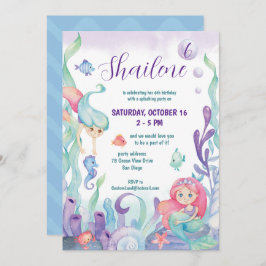 Invitación Bajo El Mar Acuarela Mermaid Cumpleaños Fiesta En