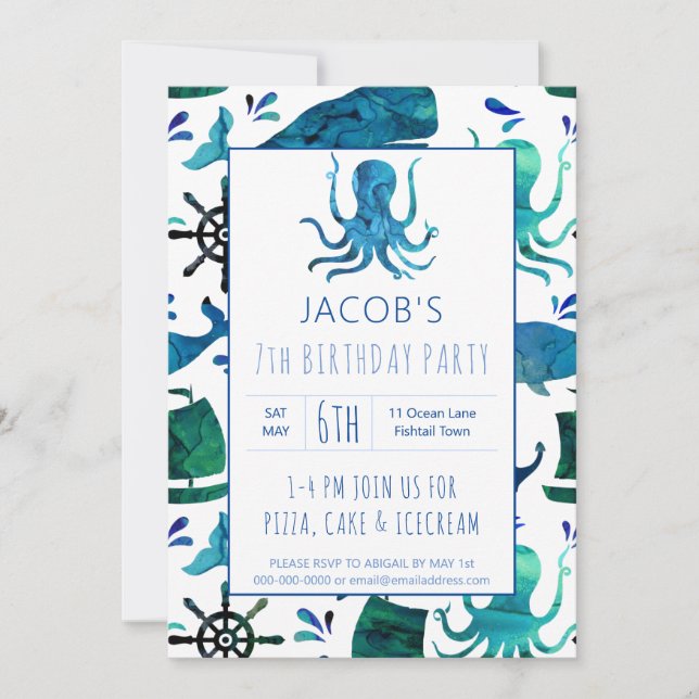 Invitación Bajo el Mar Acuarela Niños Octopus Cumpleaños (Anverso)