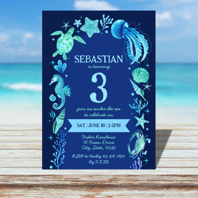 Invitación Bajo el mar Acuarela Océano Animales Marina Azul (Under The Sea Watercolor Ocean Animals Navy Blue Invitation)
