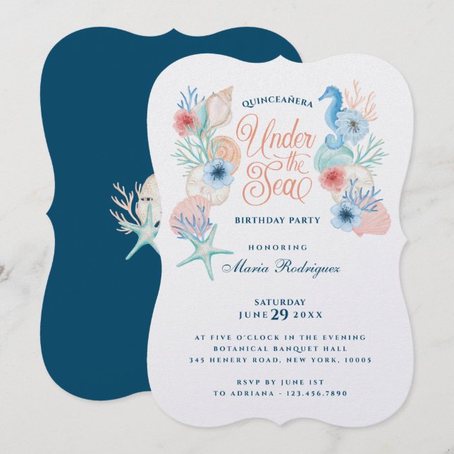 Invitación Bajo El Mar Acuarela Seashells Quinceañera (Anverso / Reverso)