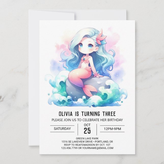 Invitación Bajo el mar Adorable cumpleaños de la sirena (Anverso)