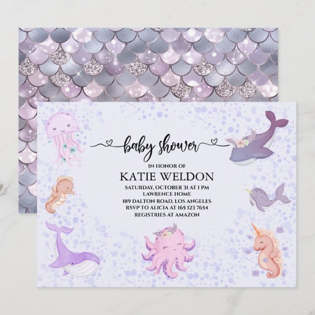 Invitación Bajo el mar, animales bebés Baby Shower (Anverso / Reverso)