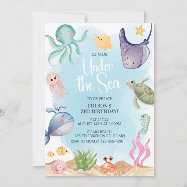 Invitación Bajo el mar, animales oceánicos, criaturas marinas (Anverso)