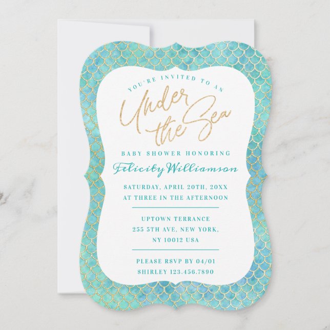 Invitación Bajo el mar Aqua Blue Mermaid escala Baby Shower (Anverso)