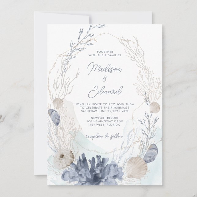Invitación Bajo el mar Azul acuarela Coral Shells Boda (Anverso)