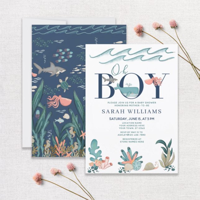 Invitación Bajo el mar, azul acuarela Oh Boy Baby Shower (Subido por el creador)