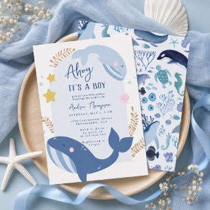 Invitación Bajo el Mar Azul Ahí Viene un Niño Baby Shower