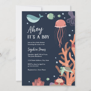 Invitación Bajo el Mar Azul Ahoy es un Niño Fiesta de Bebé