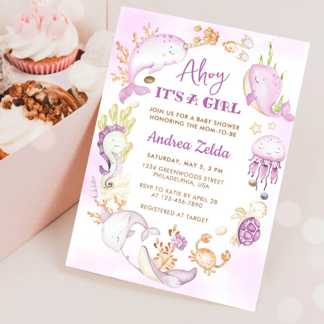 Invitación Bajo el mar azul Ahoy es una ducha de bebé niña (Subido por el creador)