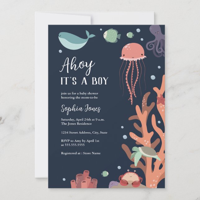Invitación Bajo el mar azul hoy es un niño Baby Shower (Anverso)