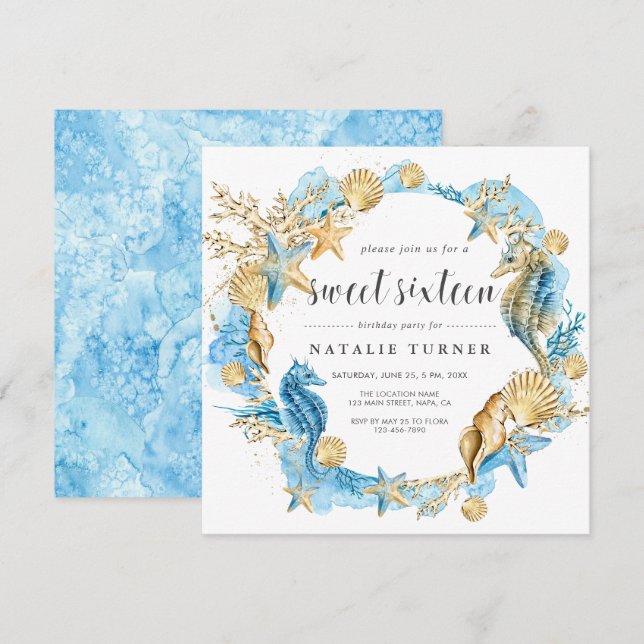 Invitación Bajo el mar Azul y Oro Dulce Dieciséis Cuadrados (Anverso / Reverso)