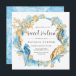 Invitación Bajo el mar Azul y Oro Dulce Dieciséis Cuadrados<br><div class="desc">Personalice esto bajo el mar Azul y dulce de oro Dieciséis cumpleaños de la invitación incluye caballitos de mar, peces estrella, conchas y arrecifes de coral. Para una personalización más avanzada de este diseño, por favor haga clic en el enlace "Personalizar más adelante" de arriba! También están disponibles los elementos...</div>